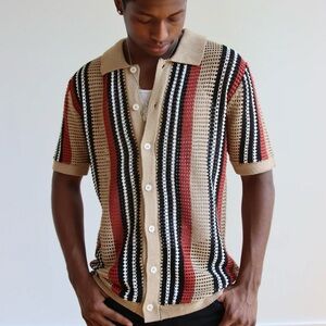 Massive Luxury Edition Sweater Men Large Browns Crochet Knit Polo Shirt Button